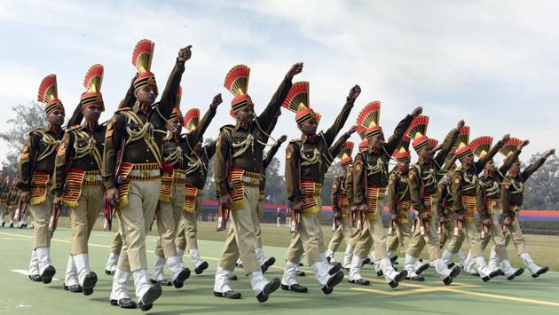 Delhi Police personnel march during the Raising Day ceremony. The history of Delhi Police begins with the first Kotwal, Malik-ul-Umra Fakhruddin who was appointed in 1237 AD, with headquarters at Qila Rai Pithora in present-day Mehrauli. (Sonu Mehta/HT PHOTO)