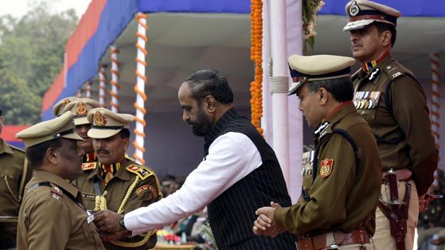 The minister and commissioner of police present medals to officers. On February 16, 1948, DW Mehra was appointed as the first Inspector General of Police and hence the day is celebrated as Delhi Police’s Raising Day. (Sonu Mehta/HT PHOTO)