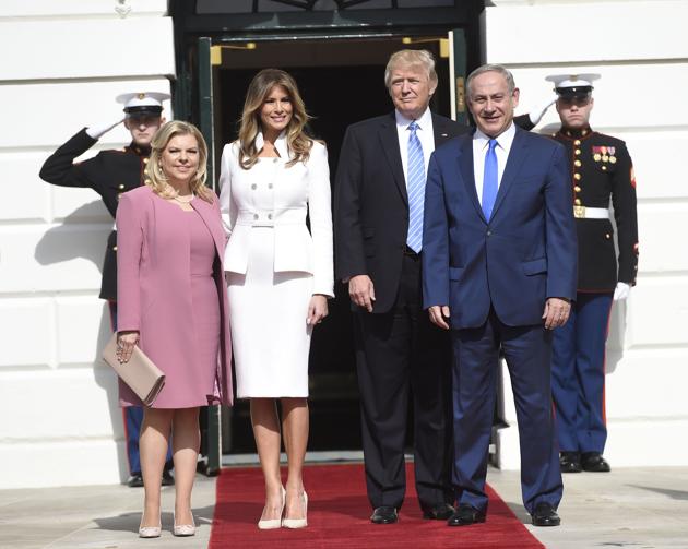 US President Donald Trump and First Lady Melania Trump welcome Israel Prime Minister Benjamin Netanyahu and his wife Sara to the White House on Wednesday. (AFP) US President Donald Trump and First Lady Melania Trump welcome Israel Prime Minister Benjamin Netanyahu and his wife Sara to the White House on Wednesday. (AFP)