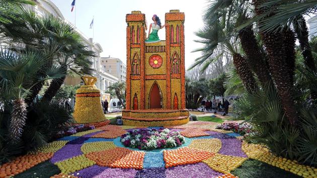 The highlight of the festival are elaborate sculpture made with lemons and oranges. This year, the sculptures are themed around the famed Broadway theatre and depict popular musical comedies, such as this sculpture dedicated to the ‘Notre-Dame de Paris’ musical. (Eric Gaillard / REUTERS)