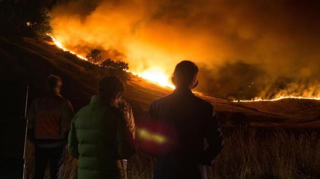 Residents watch the wildfire on Worsleys Road in Christchurch. With a thick pall of smoke hanging over Christchurch, residents with respiratory ailments were advised to stay indoors. (Oliver WATSON / AFP)