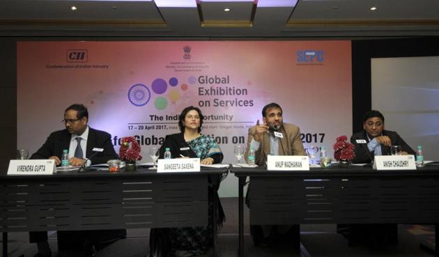 Anup Wadhwan, additional secretary with commerce ministry (right), at the event on Friday. (SUNIL GHOSH/HT PHOTO) Anup Wadhwan, additional secretary with commerce ministry (right), at the event on Friday. (SUNIL GHOSH/HT PHOTO)