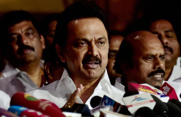 DMK working president MK Stalin announces the party’s decision at a press conference in Chennai on Friday.(PTI)