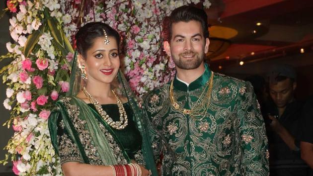 Neil Nitin Mukesh and Rukmini Sahay at their wedding reception party at JW Marriott in Juhu in Mumbai on Friday evening.(Prodip Guha/Hindustan Times)