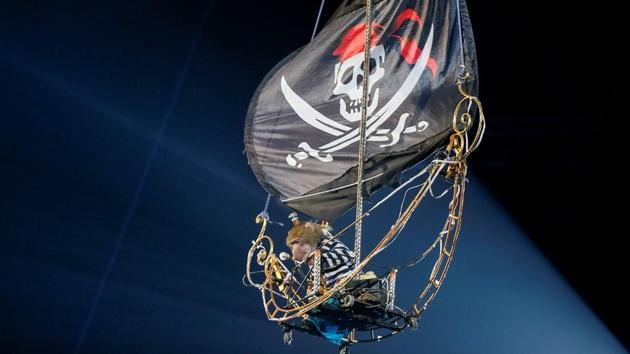 A monkey is raised in a pirate ship replica performs during the presentation of the new show "Water and Fire". (Gleb Garanich/REUTERS) A monkey is raised in a pirate ship replica performs during the presentation of the new show "Water and Fire". (Gleb Garanich/REUTERS)
