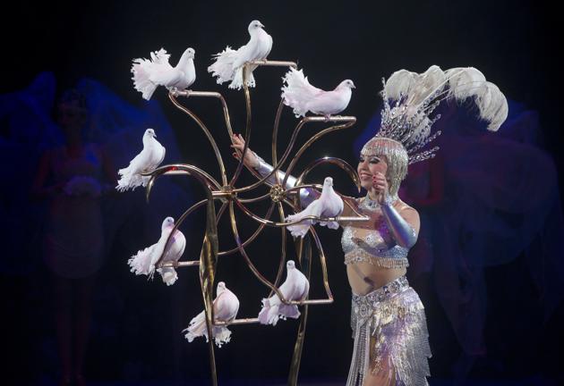An artist performs with white pigeons at a new circus show in Kiev. (Efrem Lukatsky/AP) An artist performs with white pigeons at a new circus show in Kiev. (Efrem Lukatsky/AP)