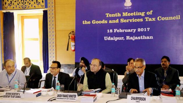 Union finance minister Arun Jiitely and other members during the 10th meeting of GST council at Udaipur on Feb 18.(PTI Photo)