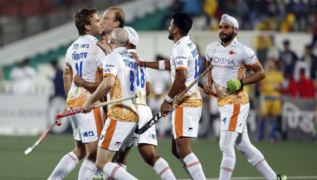 Kalinga Lancers players celebrate after scoring against Punjab Warriors in the Hockey India League on Saturday.(HIL)