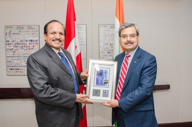 Department of posts secretary BV Sudhakar (left) with Deepak Chopra, head of Canada Post. (HT Photo) Department of posts secretary BV Sudhakar (left) with Deepak Chopra, head of Canada Post. (HT Photo)