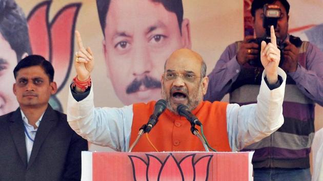 BJP president Amit Shah addresses an election rally in Sambhal in UP. (PTI Photo) BJP president Amit Shah addresses an election rally in Sambhal in UP. (PTI Photo)