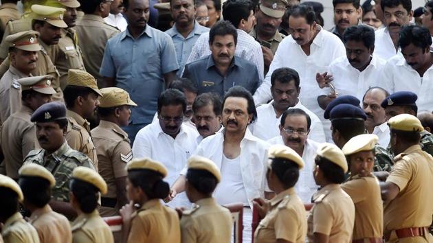 Opposition party leader in Tamil Nadu MK Stalin leaves the assembly in Chennai on Saturday.(PTI Photo)