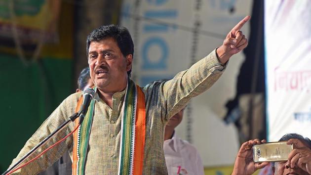Former Maharashtra chief minister Ashok Chavan addresses people at a Congress rally at Antop Hill. (Pratik Chorge/HT PHOTO) 