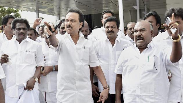 DMK working president M K Stalin arrives along with his party MLAs at the Tamil Nadu secretariat in Chennai on Saturday.(PTI Photo) DMK working president M K Stalin arrives along with his party MLAs at the Tamil Nadu secretariat in Chennai on Saturday.(PTI Photo)
