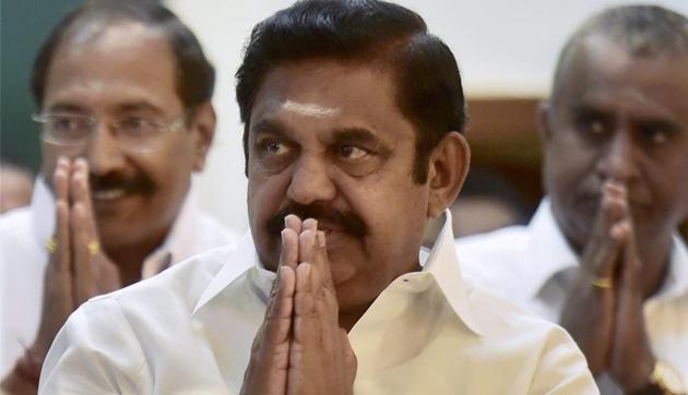Tamil Nadu chief minister Edappadi K Palaniswami during his swearing-in ceremony at Raj Bhavan in Chennai on Thursday. (PTI photo) Tamil Nadu chief minister Edappadi K Palaniswami during his swearing-in ceremony at Raj Bhavan in Chennai on Thursday. (PTI photo)