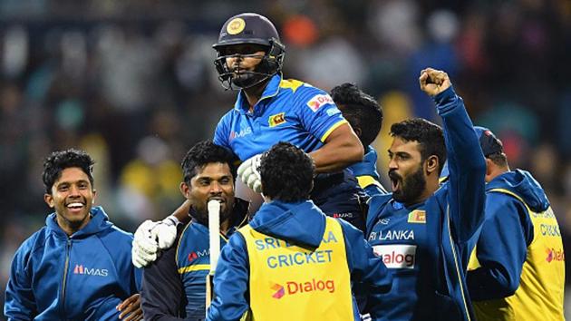 Asela Gunaratne of Sri Lanka is congratulated by team mates after hitting the winning runs against Australia. (Getty Images) Asela Gunaratne of Sri Lanka is congratulated by team mates after hitting the winning runs against Australia. (Getty Images)