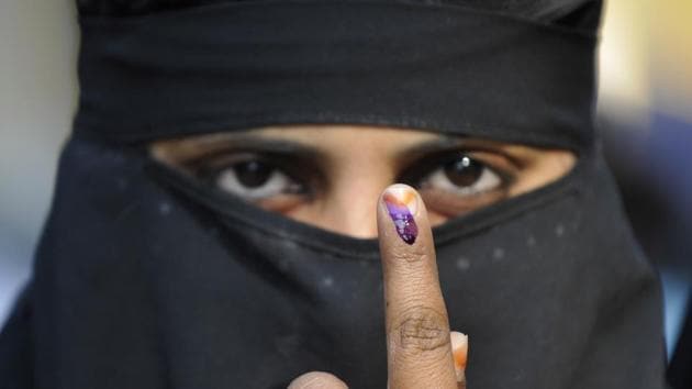 Muslim women voters cast their vote at Janta Inter College in Jewar constituency. (Sunil Ghosh /HT Photo) Muslim women voters cast their vote at Janta Inter College in Jewar constituency. (Sunil Ghosh /HT Photo)