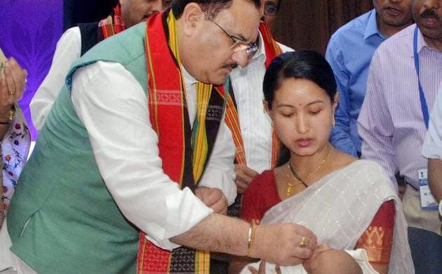 Union minister of health & family welfare Jagat Prasad Nadda administers vaccination of rotavirus in Agartala on Feb 18. (PTI Photo) Union minister of health & family welfare Jagat Prasad Nadda administers vaccination of rotavirus in Agartala on Feb 18. (PTI Photo)