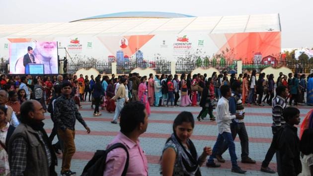 Rush of common people to see the venue of the global investors summit "Momentum Jharkhand" at Mega sports complex in Ranchi(Diwakar Prasad/ Hindustan Times)