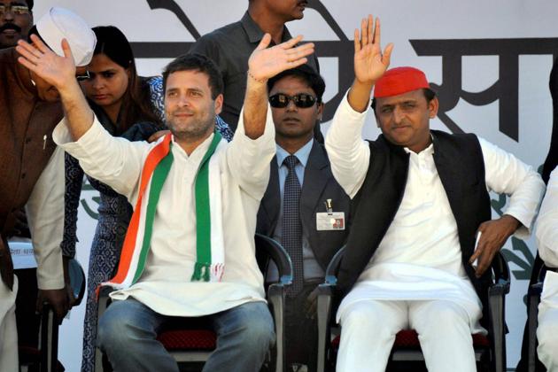 Congress vice-president Rahul Gandhi and UP chief minister Akhilesh Yadav wave to supporters at an election rally in Jhansi on Sunday. (PTI) Congress vice-president Rahul Gandhi and UP chief minister Akhilesh Yadav wave to supporters at an election rally in Jhansi on Sunday. (PTI)