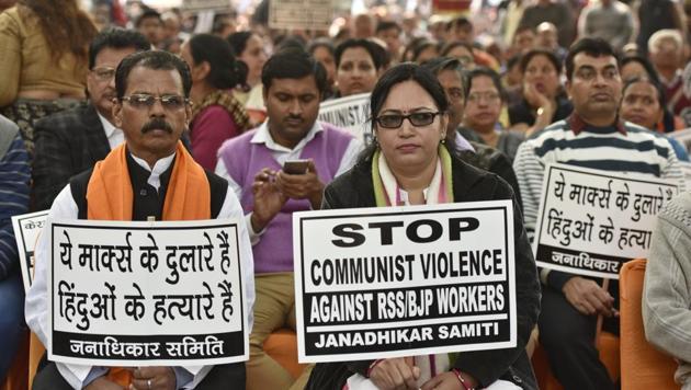 Workers protest against attacks on RSS, BJP workers in Kerala, at Kerala Bhavan in New Delhi. (Mohd Zakir/HT File Photo) Workers protest against attacks on RSS, BJP workers in Kerala, at Kerala Bhavan in New Delhi. (Mohd Zakir/HT File Photo)