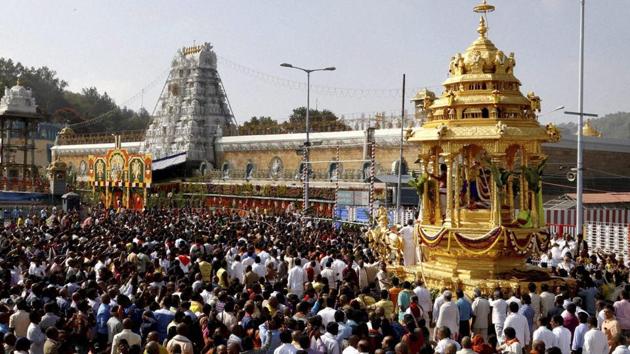The laddu, made at the massive kitchen close to the shrine at nearby Tirumala, is in great demand among devotees, who throng the shrine from different parts of the country throughout the year.(PTI) The laddu, made at the massive kitchen close to the shrine at nearby Tirumala, is in great demand among devotees, who throng the shrine from different parts of the country throughout the year.(PTI)