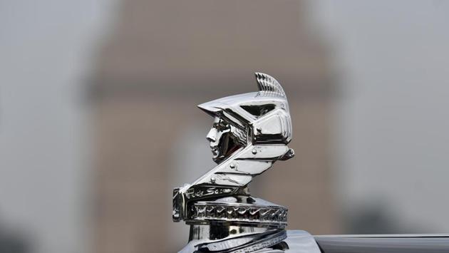 Symbol of Minerva vintage car at display during the 21 Gun Salute Vintage Car Rally at India Gate. (Ravi Choudhary/HT PHOTO)