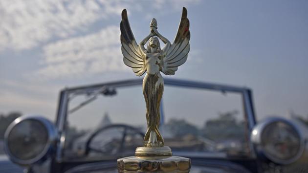 A bonnet ornament of a vintage car on display during the 21 Gun Salute Vintage Car Rally at India Gate. The rally was flagged off by the chief guest General Bipin Rawat. (Ravi Choudhary/HT PHOTO)