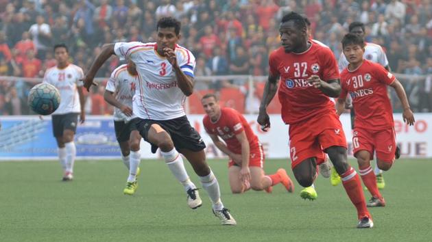 Action during Aizawl FC’s I-League match against East Bengal, in Aizawl on Monday.(AIFF)