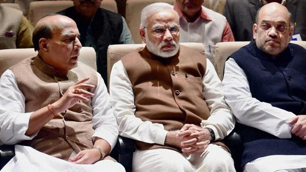 Prime Minister Narendra Modi, BJP president Amit Shah and home minister Rajnath Singh during BJP parliamentary party meeting in New Delhi. (PTI Photo) Prime Minister Narendra Modi, BJP president Amit Shah and home minister Rajnath Singh during BJP parliamentary party meeting in New Delhi. (PTI Photo)