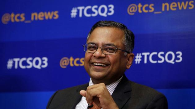 Tata Consultancy Services (TCS) chief executive N Chandrasekaran speaks during a news conference in Mumbai.(Reuters file photo)