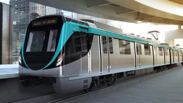 Aqua coloured coaches which will ply on the 30km Noida-Greater Noida metro corridor. (HT Photo)