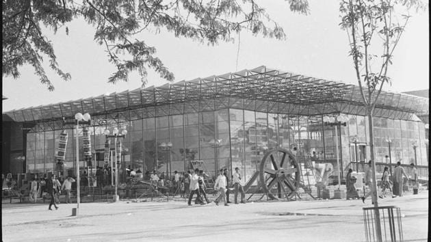 In this photo taken on 05 November 1972 shows Delhi Pavilion at Pragati Maidan during the first exhibition named , Asia '72. It is expected to compete with world’s best exhibition complexes like Crystal Palace in London, Biosphere in Montreal and Eiffel Tower in Paris. (Babu Ram/HT File Photo)