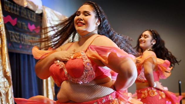 Dancers perform during the Group Final category of the 2017 ‘Belly Dancer of the Universe Competition’ . (Mark RALSTON / AFP) Dancers perform during the Group Final category of the 2017 ‘Belly Dancer of the Universe Competition’ . (Mark RALSTON / AFP)