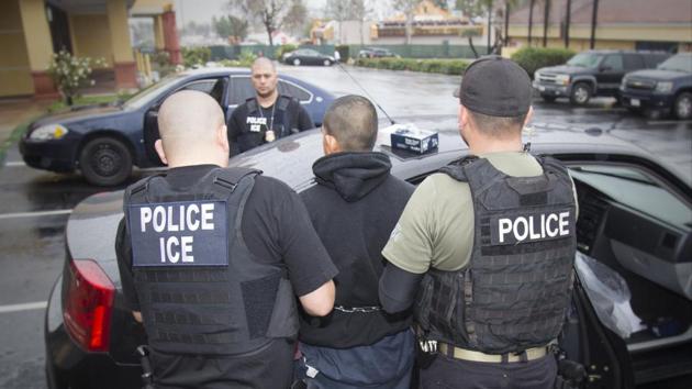 Foreign nationals being arrested this week during a targeted enforcement operation conducted by the US Immigration and Customs Enforcement in Los Angeles.(AP Photo) Foreign nationals being arrested this week during a targeted enforcement operation conducted by the US Immigration and Customs Enforcement in Los Angeles.(AP Photo)