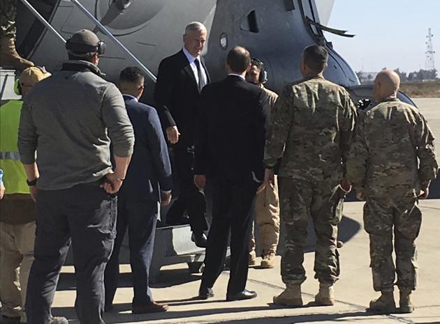 US secretary of defense Jim Mattis arrives at the Baghdad International Airport on an unannounced trip on Monday. (AP) US secretary of defense Jim Mattis arrives at the Baghdad International Airport on an unannounced trip on Monday. (AP)