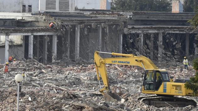 Demolished Hall No.1 at Pragati Maidan in New Delhi. Once IECC is complete, the visitors will not have to park their cars outside as the plan includes a parking lot for 4,800 cars. (Arvind Yadav/HT PHOTO)