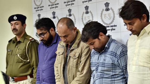 The four accused defrauded people of over ₹8 crore using an online clickbait scheme.(Sanjeev Verma/HT Photo) The four accused defrauded people of over ₹8 crore using an online clickbait scheme.(Sanjeev Verma/HT Photo)