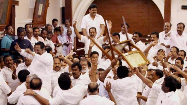A scene from the Tamil Nadu assembly during the vote of confidence motion, Chennai, February 18 (PTI) A scene from the Tamil Nadu assembly during the vote of confidence motion, Chennai, February 18 (PTI)
