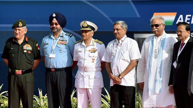 Defence Minister Manohar Parikkar, state defence minister Gajapati Raju, national security adviser Ajit Doval, Air Chief Marshal BS Dhanoa, Army chief Bipin Rawat, Navy chief Sunil Lanba at the Aero India 2017 air show in Bengaluru. (PTI Photo) Defence Minister Manohar Parikkar, state defence minister Gajapati Raju, national security adviser Ajit Doval, Air Chief Marshal BS Dhanoa, Army chief Bipin Rawat, Navy chief Sunil Lanba at the Aero India 2017 air show in Bengaluru. (PTI Photo)