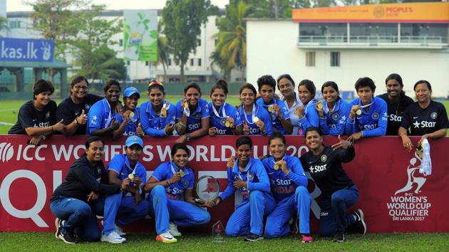 The victorious Indian team after winning the Women’s World Cup qualifier.(ICC) The victorious Indian team after winning the Women’s World Cup qualifier.(ICC)