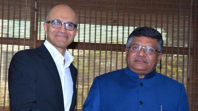 Microsoft CEO Satya Nadella meets Union IT minister Ravi Shankar Prasad.(Photo: @RSPrasad)