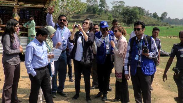 Yanghee Lee (centre), the UN's Special Rapporteur on human rights in Myanmar, visits the Balu Khali Rohingya camp in Cox's Bazar on February 21, 2017. Tens of thousands of Rohingya Muslims have taken shelter in the camp after fleeing a bloody military crackdown in Rakhine state of Myanmar. (AFP) Yanghee Lee (centre), the UN's Special Rapporteur on human rights in Myanmar, visits the Balu Khali Rohingya camp in Cox's Bazar on February 21, 2017. Tens of thousands of Rohingya Muslims have taken shelter in the camp after fleeing a bloody military crackdown in Rakhine state of Myanmar. (AFP)