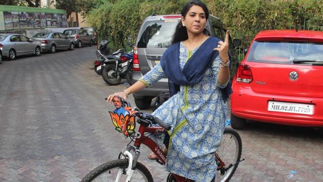 Shaina NC after casting her vote at Pedder Road. (bhushan koyande) 