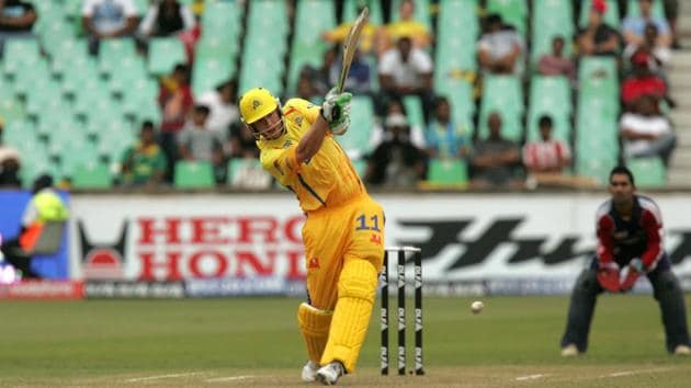 Chennai Super Kings player Andrew Flintoff plays a shot against Delhi Dare Devils at Durban, South Africa. He was auctioned for 1.55 million dollars in 2009. (Hindustan Times) 