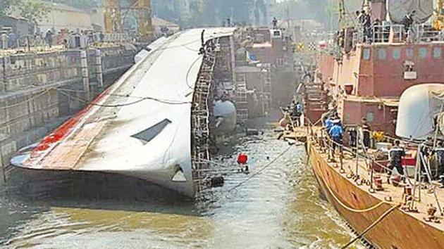 The cost of getting the ship upright was pegged at Rs20 crore, said Navy sources.(HT File Photo)