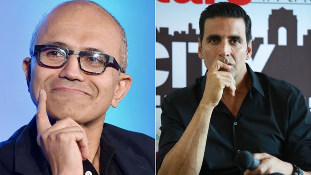 Combination image of Microsoft CEO Satya Nadella and Bollywood actor Akshay Kumar.(Agencies)