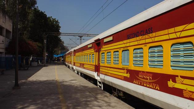 The train is equipped with cushioned seats, aluminium composite panels, and LED lights, the Antyodaya Express, a new fully unreserved train for the common man with specially designed colourful coaches. (Vageesh Lall/HT Photo) The train is equipped with cushioned seats, aluminium composite panels, and LED lights, the Antyodaya Express, a new fully unreserved train for the common man with specially designed colourful coaches. (Vageesh Lall/HT Photo)