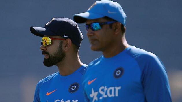 India's captain Kohli and coach Anil Kumble attend a practice session ahead of their first Test against Australia. (REUTERS)