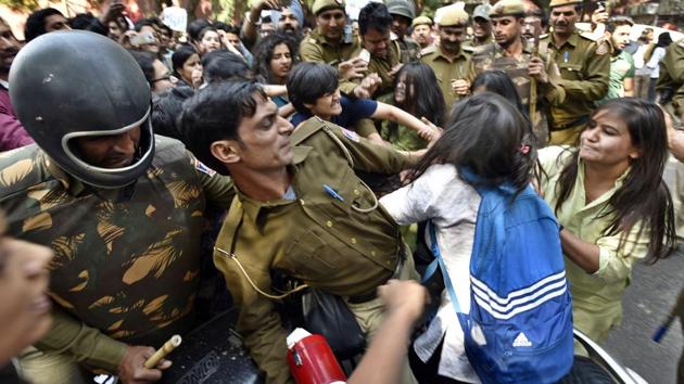 Three Delhi University students were brought to Hindu Rao Hospital’s emergency on Wednesday afternoon, with minor injuries. (Raj K Raj/HT PHOTO)