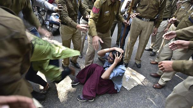 The ABVP members had allegedly thrown bricks and shouted slogans forcing the college to cancel the event where JNU students Umar Khalid and Shehla Rashid had been invited to speak. (Raj K Raj/HT PHOTO)